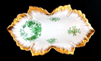Herendi Apponyi mintás porcelán leveles tálka, kézzel festett, jelzett, apró kopásnyomokkal, 15×8 cm