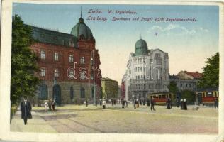 1916 Lviv, Lwów, Lemberg; Ul. Jagielonska / Sparkasse und Prager Bank Jagellonenstraße / street view, savings bank, tram (EK)