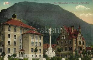 1914 Bolzano, Bozen (Südtirol); Neue Mädchenschule mit Turnhalle u Mariensäule / new girls school, gym, sports hall, Virgin Mary statue (EK)