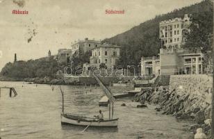 1912 Abbazia, Opatija; Südstrand / beach, boat, villas (tiny tear)