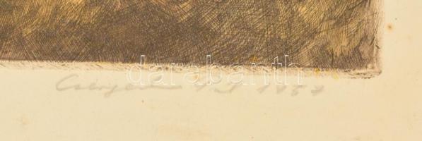 Csergezán Pál (1924-1996): Esti csend. Rézkarc, papír, jelzett, üvegezett keretben, 36x23 cm