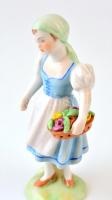 Herendi virágkosaras lány, kézzel festett, jelzett, hibátlan, m: 14,5 cm