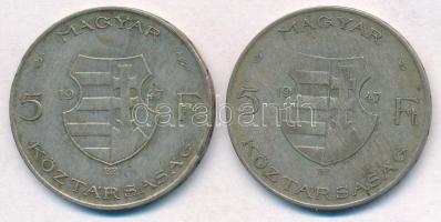 1947. 5Ft Ag "Kossuth" (2x) T:2-,3 patina 
Adamo F8.1