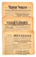 1956 Vegyes 1956-os újság tétel, 12 db. Magyar Függetlenség I. évf. 3. sz. déli kiadás, 4. sz. reggeli kiadás, 4. sz., 5 sz. reggeli kiadás. Szerk.: Dudás József.; Népszava 84. évf. 257., 77. évf. 1-3. sz.; Magyar Nemzet XIX. évf. 254-257 sz. 1956. okt. 31-nov. 3. Változó állapotban, néhányon szakadásokkal, egy-kettőn folttal.