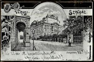 1899 Szeged, Városi színház. Schulhof Károly kiadása, szecessziós fémes hatású fóliás képeslap / Art Nouveau metallic foil postcard (fa)
