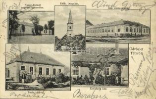 1911 Tét, Téth; Katolikus templom, Kir. járásbíróság, postahivatal, Kisfaludy ház, Sauer Bernát vegyeskereskedése (EK)
