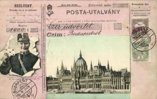 1906 Budapest, V. Országház. Posta-utalvány montázs postással (EK)