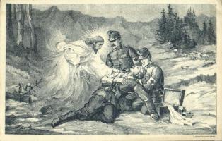 Spende für arme Soldaten / WWI K.u.K. (Austro-Hungarian) military art postcard, injured soldier with Jesus. Senefelder (EK)
