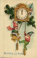 1936 Boldog új évet! / New Year greeting art postcard with dwarves (dwarfes) and clock. litho (EK)