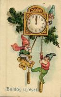 1936 Boldog új évet! / New Year greeting art postcard with dwarves (dwarfes) and clock. litho  (EK)