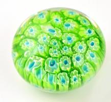 Virágos zöld muránói üvegnehezék, kis kopásnyomokkal, d: 5 cm