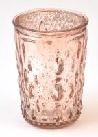 Fémes csillogású púderszínű üveg gyertyatartó, sérült, m: 9,5 cm