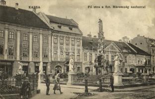 Kassa, Kosice; Fő utca, Szentháromság szobor, Dubez Imre, Zsatkovits és Singer üzlete / main street, Trinity statue, shops (EK)