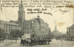 1918 Pécs, városháza, takarékpénztár, Steiner Simon üzlete, villamos, lovashintók (EB)