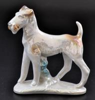 Foxterrier porcelán figura, kézzel festett, jelzés nélkül, hibátlan, 12×11 cm