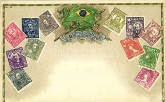 Brasilien / République des États-Unis du Brésil / Brazilian stamps and flag. J. de Lemos & Hess No. 67. Emb. Art Nouveau, litho