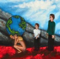 Balog Marianna (1967-): A világ terhének letétele. Olaj, vászon, jelzett, keretben, 50×70 cm