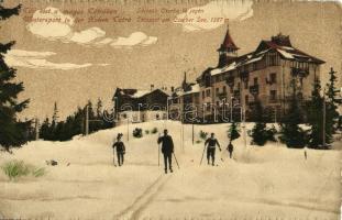 Tátra, Vysoké Tatry; Téli élet a Magas-Tátrában, Síelők (skíezők) a Csorba tó jegén / skiing people on the frozen Strbské pleso lake (EK)