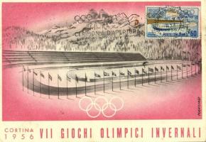 1956 Cortina, VII Giochi Olimpici Invernali / 1956 VII Winter Olympic Games in Cortina dAmpezzo, Misurina track. CM (Carte Maximum) postcard, So. Stpl s: Mancioli (EK)