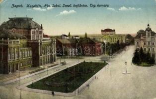 Zagreb, Zágráb, Agram; Kazaliste, Hrv. Sokol. Sveuc knjiznica, Trg komora / theatre, Croatian Sokol movement's library, square (EK)