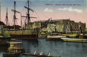 Trieste, Trieszt, Trst; Stazione della ferrovia dello Stato / state railway station, port, sailing vessels, steamships, rowing boat