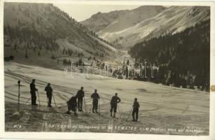 1936 Kemater Alm, Skikurs am Übungshang, Blick auf Schafleger / ski course on a mountain slope + "Gasthaus Kemater-Alm 1646 m" cancellation (fl)