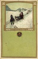 1910 Children with sleds, winter, golden decoration, litho, Deutscher Schulverein