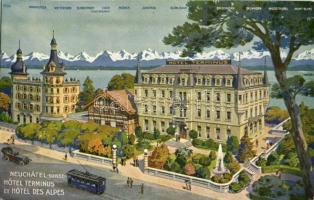 Neuchatel, Hotel Terminus et Hotel des Alpes / hotels, tram, automobile