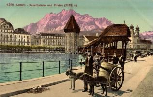 Lucerne, Luzern; Kapellbrücke und Pilatus / bridge, mountain, dogs