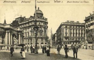 1909 Wien, Vienna, Bécs I. Albrechtsplatz, Philipphof, Tegetthoffstrasse, Mozart-Denkmal / square, beer hall, palace, Mozart monument (EK)