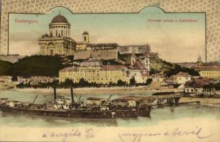 1928 Esztergom, Prímási palota, Bazilika, híd, gőzhajó. Tatarek József kiadása, Art Nouveau