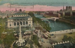 1924 Paris, Panorama pris du Theatre du Chatelet vers le Theatre Sarah-Bernhardt / general view, theatre, trams, automobiles