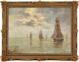 Petheő A. László (?-?): Vitorlások. Olaj, vászon, jelzett, lepattogzott  festékkel, hibás keretben, ...