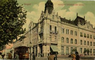 1909 Szeged, Csongrádi Takarékpénztár Palota, Gyógyszertár, Schwarcz üzlete, SZKV megállóhely, villamos