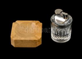 Öngyújtó üveg és fém elemekből, m: 8 cm + márvány hamutartó, 8×8×3 cm