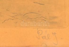 Pál István (?-?): Folyóparton. Rézkarc, papír, jelzett, sérült üvegezett fa keretben, 24×31 cm