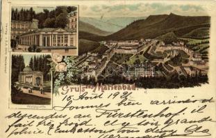 1921 Mariánské Lázne, Marienbad; Kreuzbrunnen, Waldquelle / general view, fountain, forest spring, litho