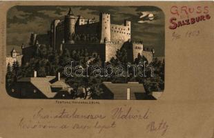 1903 Salzburg, Festung Hohensalzburg / castle at night. Verlag v. Jos. Kasseroller 2171. Art Nouveau, litho (EK)