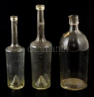 3 db különféle fújt üvegpalack, pálinkás, m: 21,5 és 24 cm