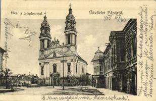 1905 Pápa, Fő tér, templom, söröde, üzlet