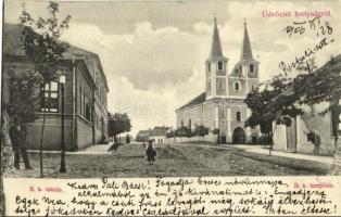 1906 Ipolyság, Sahy; Római katolikus templom és iskola, utca. Polgár J. kiadása / church and school, street