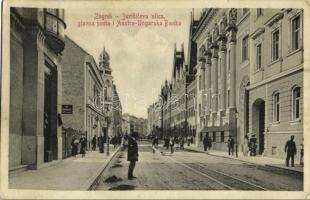 1910 Zagreb, Zágráb, Agram; Jurisiceva ulica, glavna posta i Austro-Ungarska Banka / street view, post office, Austro-Hungarian bank, shop of M. Scukanec, man with wheelbarrow (EK)