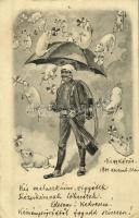 1901 Újév / New Year greeting art postcard, chimney sweeper with falling pigs (EK)