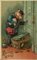 1915 Boldog új évet! / New Year greeting art postcard, mailman pig with money. M.S.i.B. 15343. Emb. litho (EK)