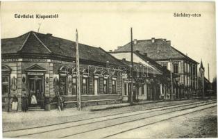1918 Budapest XIX. Sárkány utca, Weil Bernát üzlete, villamossín, templom. Kiadja Fischhof Henrik könyvnyomdája