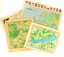 6 db domború műanyag szemléltető térkép (Szombathely és környéke, a Föld felszíne, Balaton, stb.), vegyes méretben, közte sérült