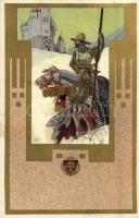 1908 Knight and castle, winter, golden decoration, Deutscher Schulverein