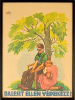 1939 Róna Emy (1904-1988): Baleset ellen védekezz. Art deco ofszet plakát, kis gyűrődéssel, üvegezett keretben, 63×46 cm