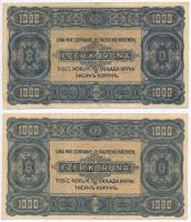 1923. 1000K "Magyar Pénzjegynyomda R.t. Budapest" nyomdahely jelöléssel + 1923. 1000K nyom...