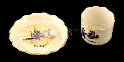 Budapesti emlék: Aquincum porcelán tálka d:7 cm, és csészécske 4 cm. Matricás, jelzett, hibátlan.